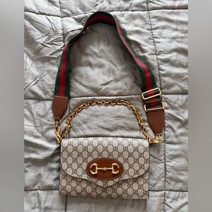 GUCCI Gucci 1955 Horsebit GG Supreme Sherry Line Leather Chain Shoulder Bag